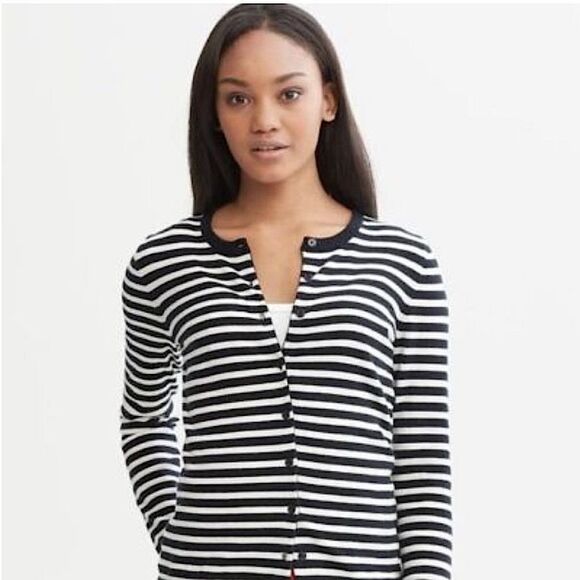 Banana Republic Striped Button Front Crewneck Cardigan Medium - Picture 3 of 13